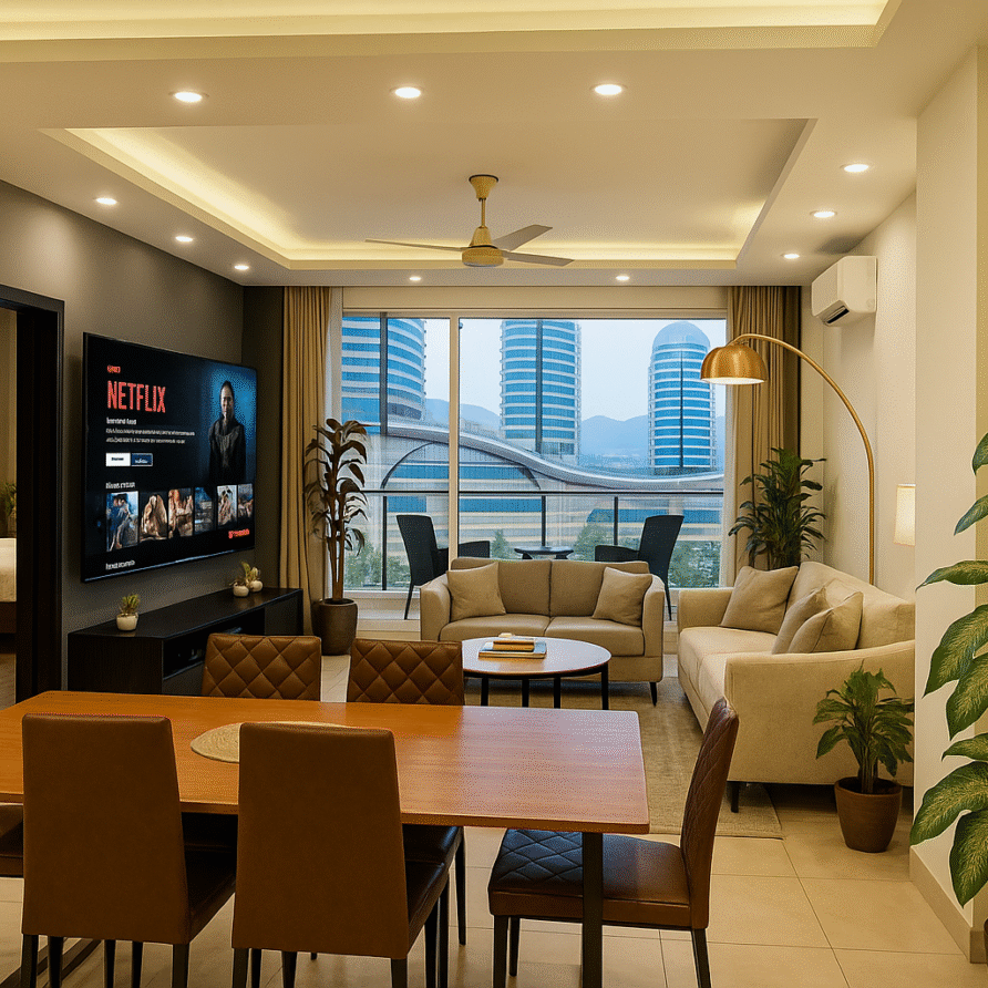 Golden-themed dining space with full amenities in 2BHK apartment opposite Centaurus Islamabad
