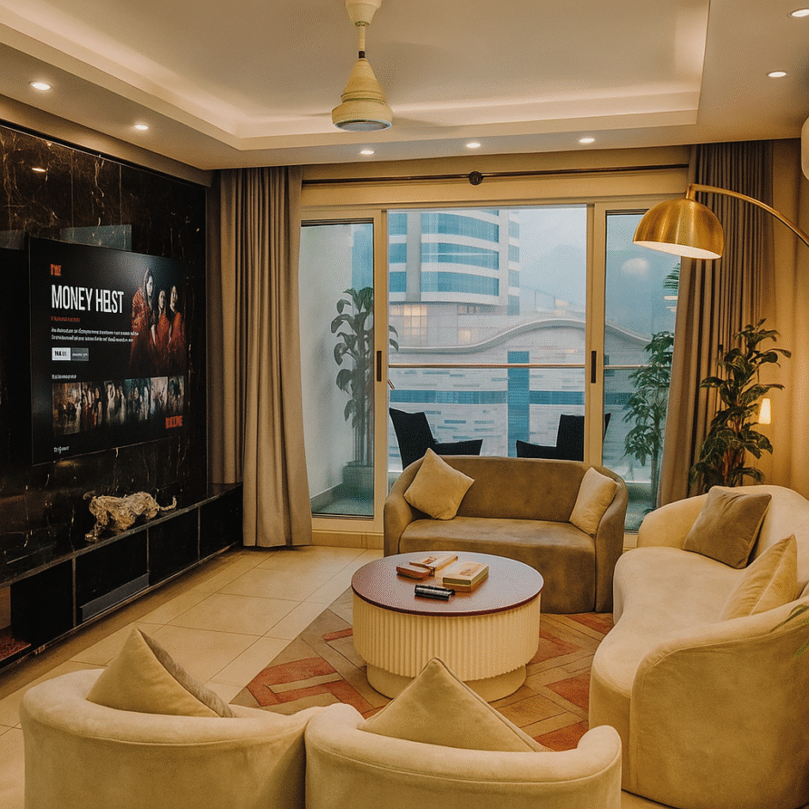 Elegant living room with designer golden sofas in executive 2-bedroom apartment facing Centaurus, Islamabad