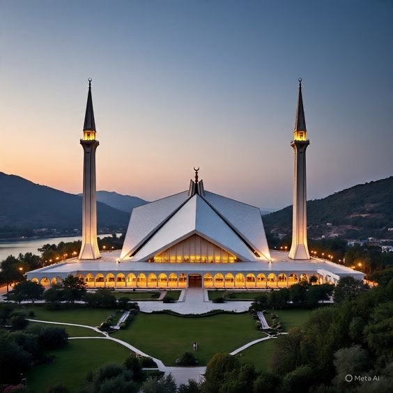 Faisal Mosque Islamabad — modernist architecture set against the Margalla backdrop.